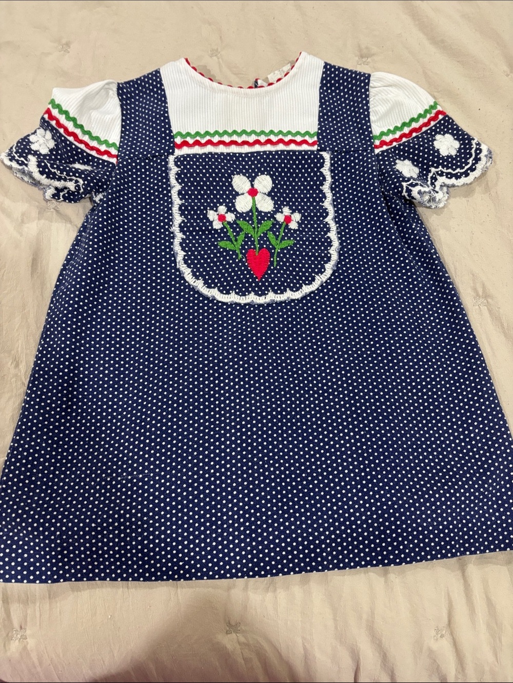 Source Unknown Navy Polka Dot Dress with White, Red & Green Embroidery